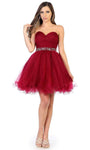 A-line V-neck Strapless Cocktail Short Sweetheart Jeweled Gathered Pleated Corset Natural Waistline Dress