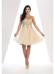 Tall A-line Strapless Cocktail Short Sweetheart Corset Natural Waistline Fit-and-Flare Hidden Back Zipper Lace-Up Applique Open-Back Fitted Gathered Flutter Sleeves Party Dress