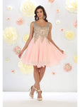 A-line V-neck Sleeveless Cocktail Short Natural Waistline Fitted Embroidered Party Dress
