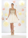 A-line V-neck Sleeveless Cocktail Short Embroidered Fitted Natural Waistline Party Dress