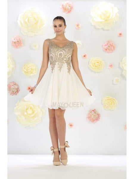 A-line V-neck Sleeveless Cocktail Short Fitted Embroidered Natural Waistline Party Dress