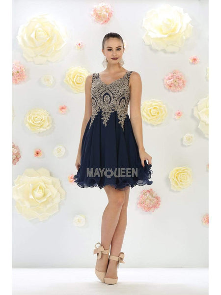 A-line V-neck Natural Waistline Cocktail Short Sleeveless Fitted Embroidered Party Dress
