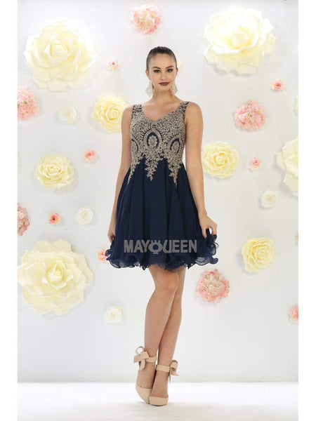 A-line V-neck Cocktail Short Sleeveless Fitted Embroidered Natural Waistline Party Dress