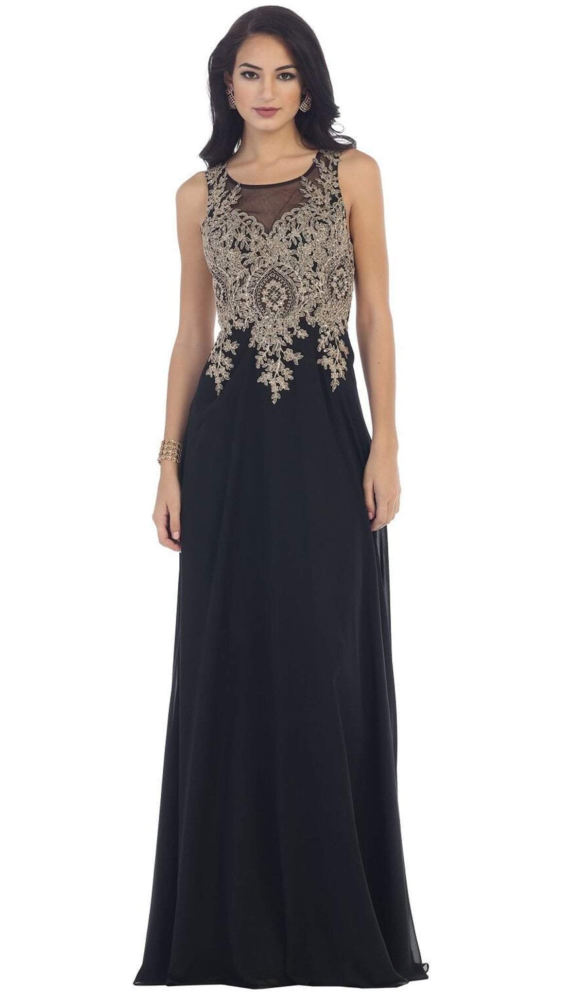 May Queen - MQ1432B Embellished Illusion Scoop A-line Prom Dress