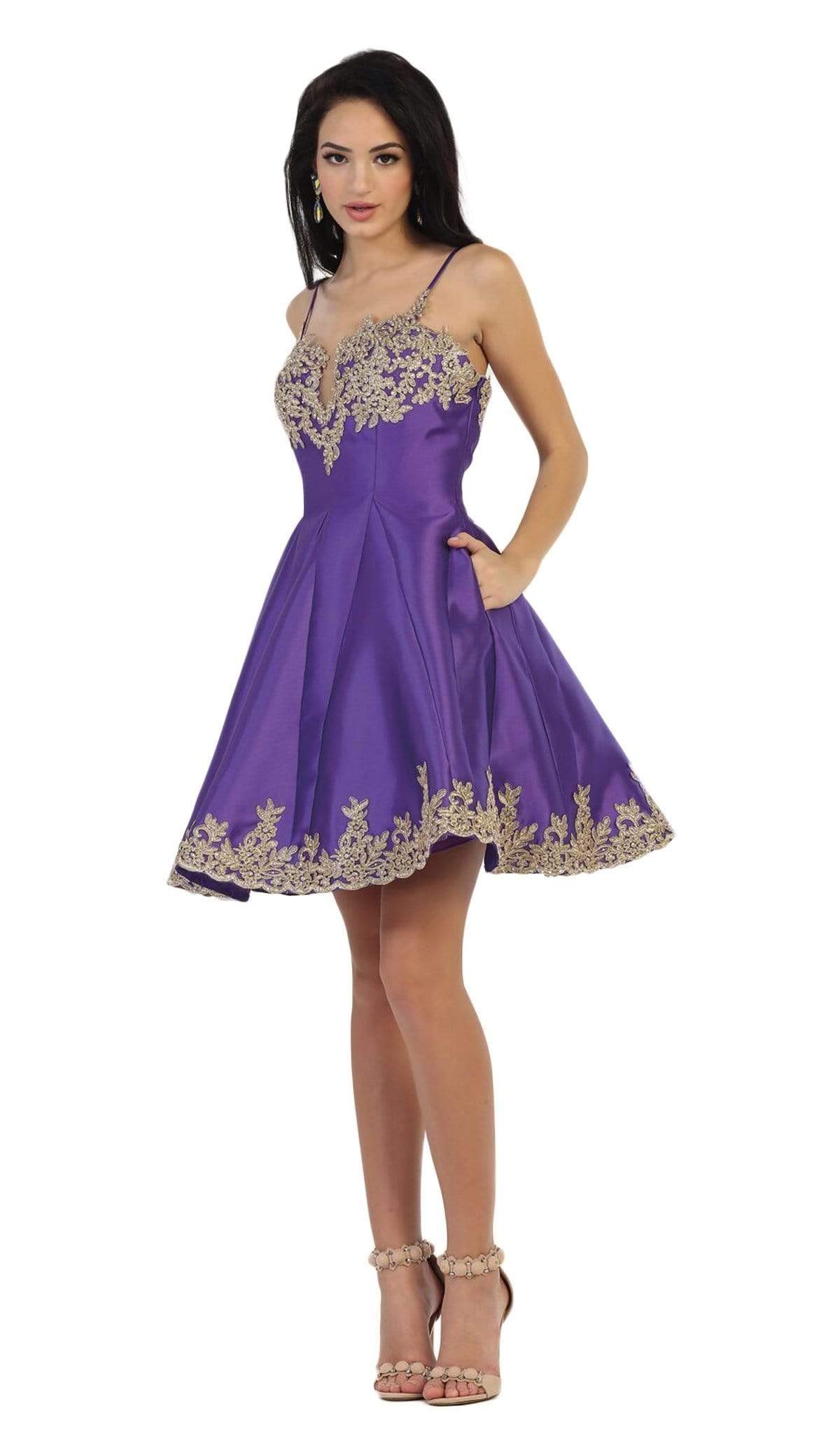 May Queen - MQ1445 Gilded Lace Applique Mikado Cocktail Dress