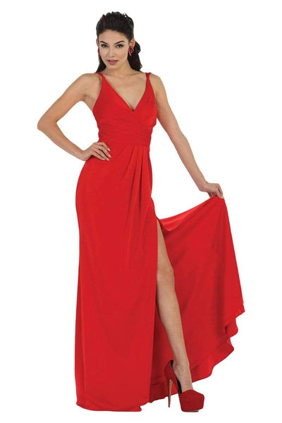 Sophisticated A-line V-neck Open-Back Slit Pleated Back Zipper Ruched Natural Waistline Sleeveless Party Dress