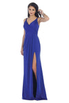 Sophisticated A-line V-neck Natural Waistline Open-Back Back Zipper Ruched Pleated Slit Sleeveless Party Dress