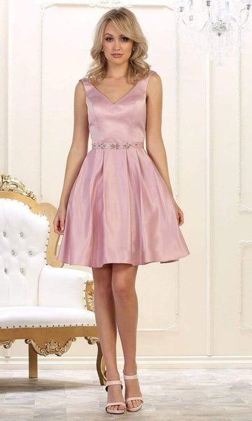 Sophisticated A-line V-neck Sleeveless Satin Natural Princess Seams Waistline Fit-and-Flare Cocktail Short Fitted Beaded Back Zipper Dress With Rhinestones