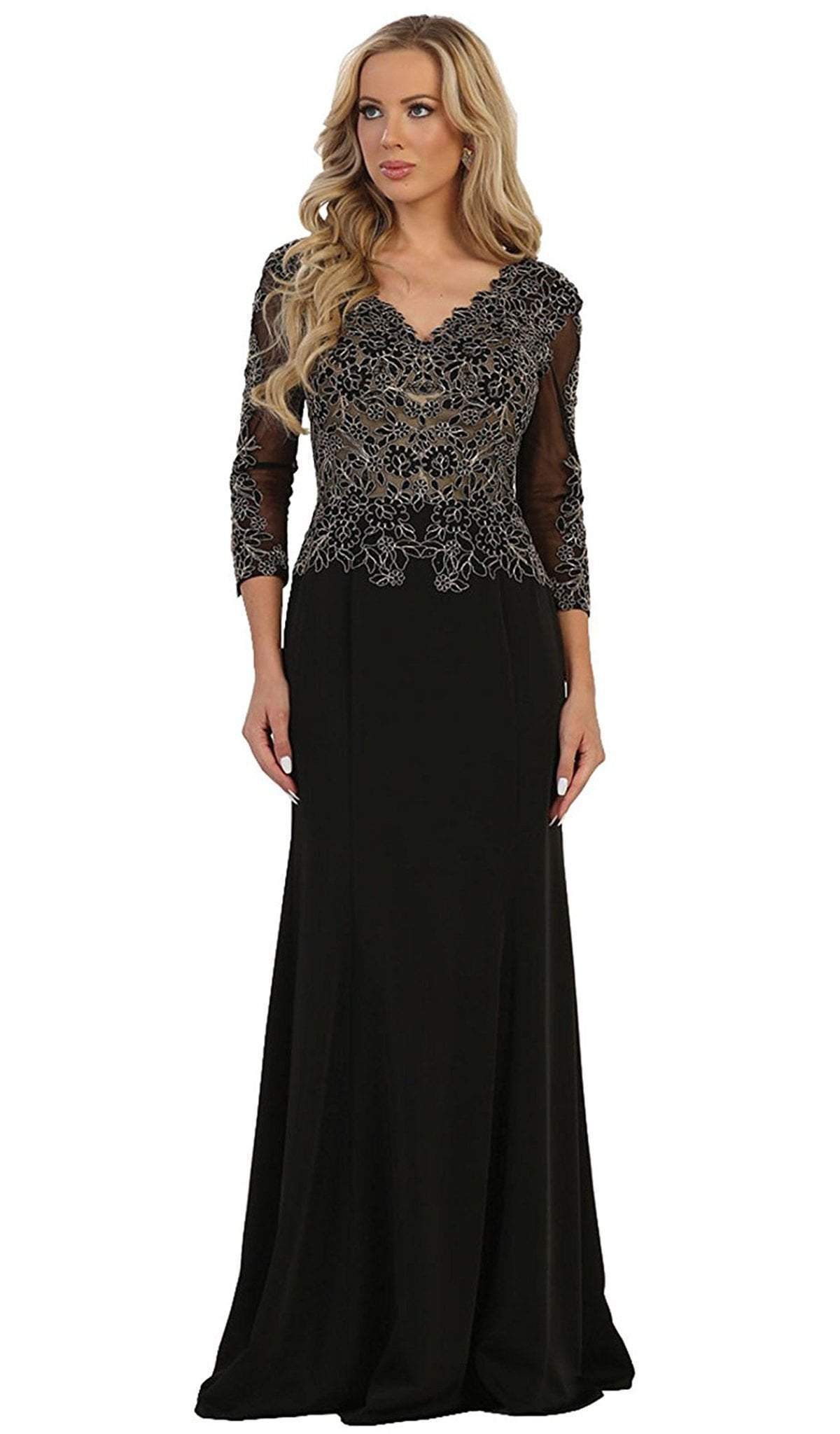 May Queen - MQ1505 Quarter Length Sleeve Lace Sheath Evening Dress