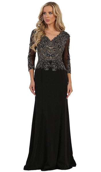 V-neck Floor Length Lace Sheath 3/4 Sleeves Natural Waistline Sheer Applique Back Zipper Sheath Dress/Evening Dress/Party Dress