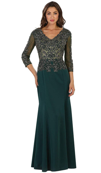 V-neck Applique Back Zipper Sheer Floor Length Sheath Natural Waistline Lace 3/4 Sleeves Sheath Dress/Evening Dress/Party Dress