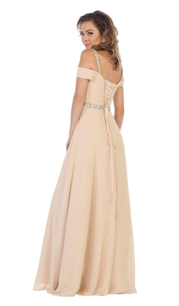 Sophisticated A-line Natural Waistline Floor Length Cap Cold Shoulder Sleeves Off the Shoulder Lace-Up Cutout Ruched Prom Dress