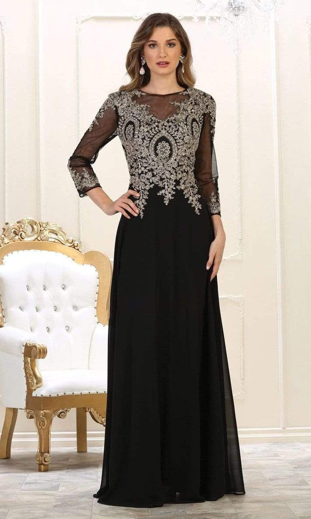 May Queen - MQ1549 Embroidered Long Sleeve Sheath Dress