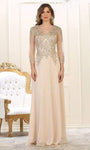 Floor Length Long Sleeves Embroidered Sheer Fitted Natural Waistline Sheath Jeweled Neck Sheath Dress