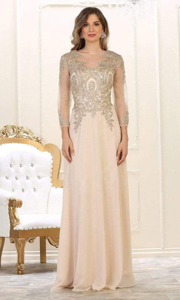 Floor Length Jeweled Neck Natural Waistline Sheer Fitted Embroidered Long Sleeves Sheath Sheath Dress