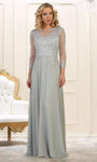 Floor Length Jeweled Neck Fitted Embroidered Sheer Sheath Long Sleeves Natural Waistline Sheath Dress