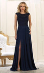 Sexy Sophisticated A-line Bateau Neck Floor Length Cap Sleeves Illusion Sheer Slit Pleated Natural Waistline Dress with a Brush/Sweep Train