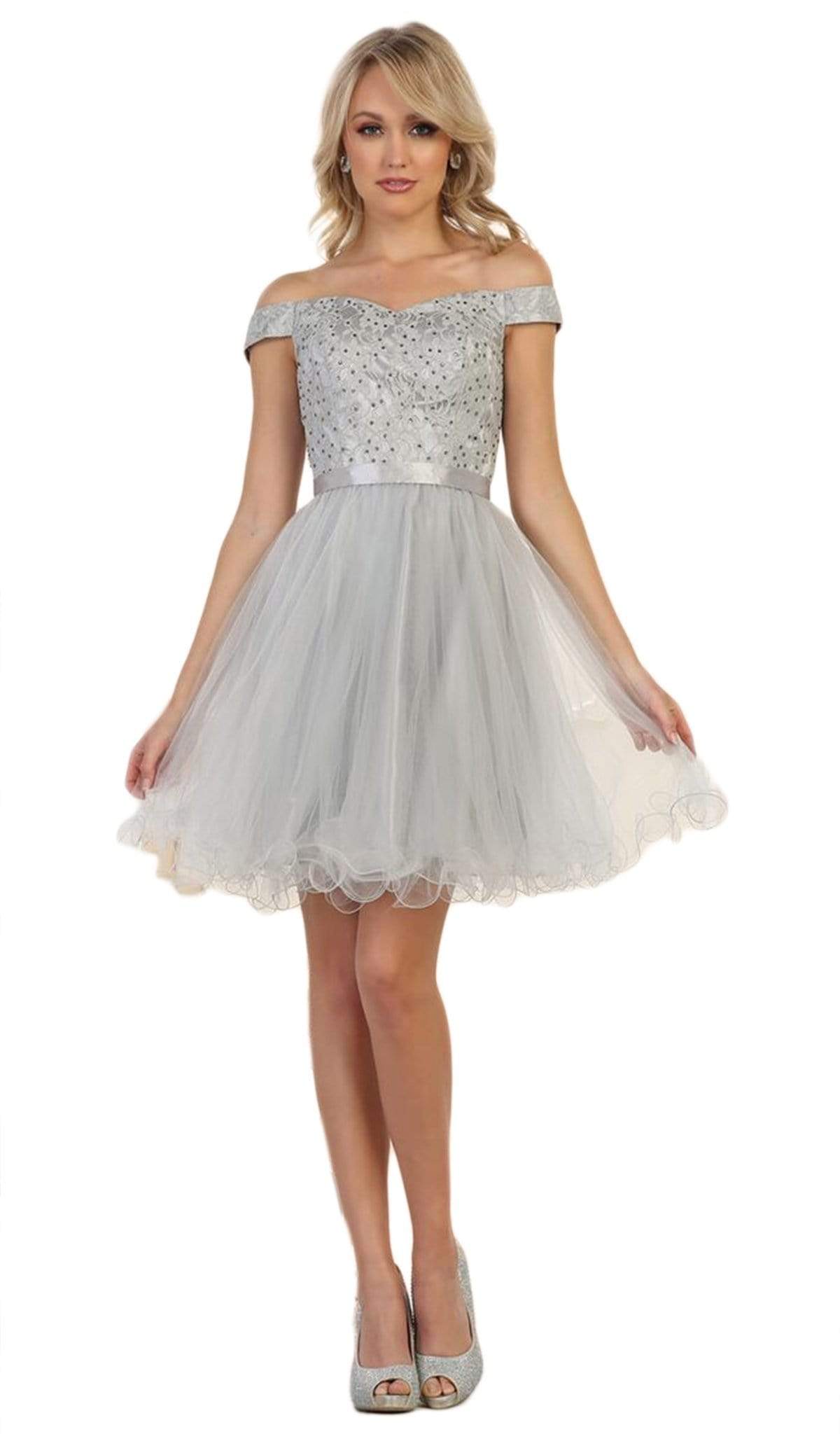 May Queen - MQ1565 Off Shoulder Beaded Tulle Cocktail Dress
