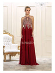 A-line Pleated Embroidered Fitted Keyhole Sleeveless Floor Length Halter Natural Waistline Dress