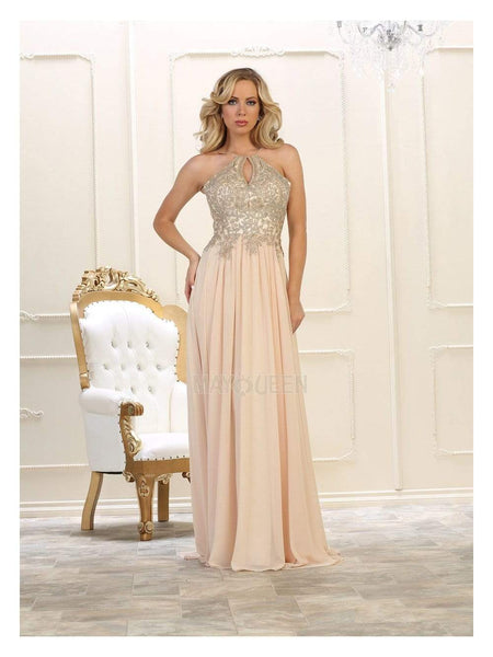 A-line Halter Floor Length Natural Waistline Sleeveless Fitted Keyhole Embroidered Pleated Dress