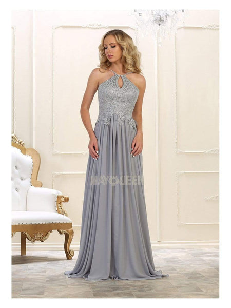A-line Floor Length Natural Waistline Sleeveless Fitted Embroidered Keyhole Pleated Halter Dress