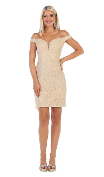 Lace Plunging Neck Lace-Up Applique Sheer Fitted Natural Waistline Sheath Short Off the Shoulder Sheath Dress