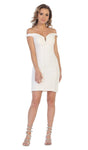 Sheath Lace Short Natural Waistline Lace-Up Fitted Sheer Applique Off the Shoulder Plunging Neck Sheath Dress