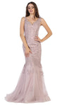 V-neck Floor Length Mermaid Embroidered Lace-Up Fitted Natural Waistline Sleeveless Party Dress with a Brush/Sweep Train