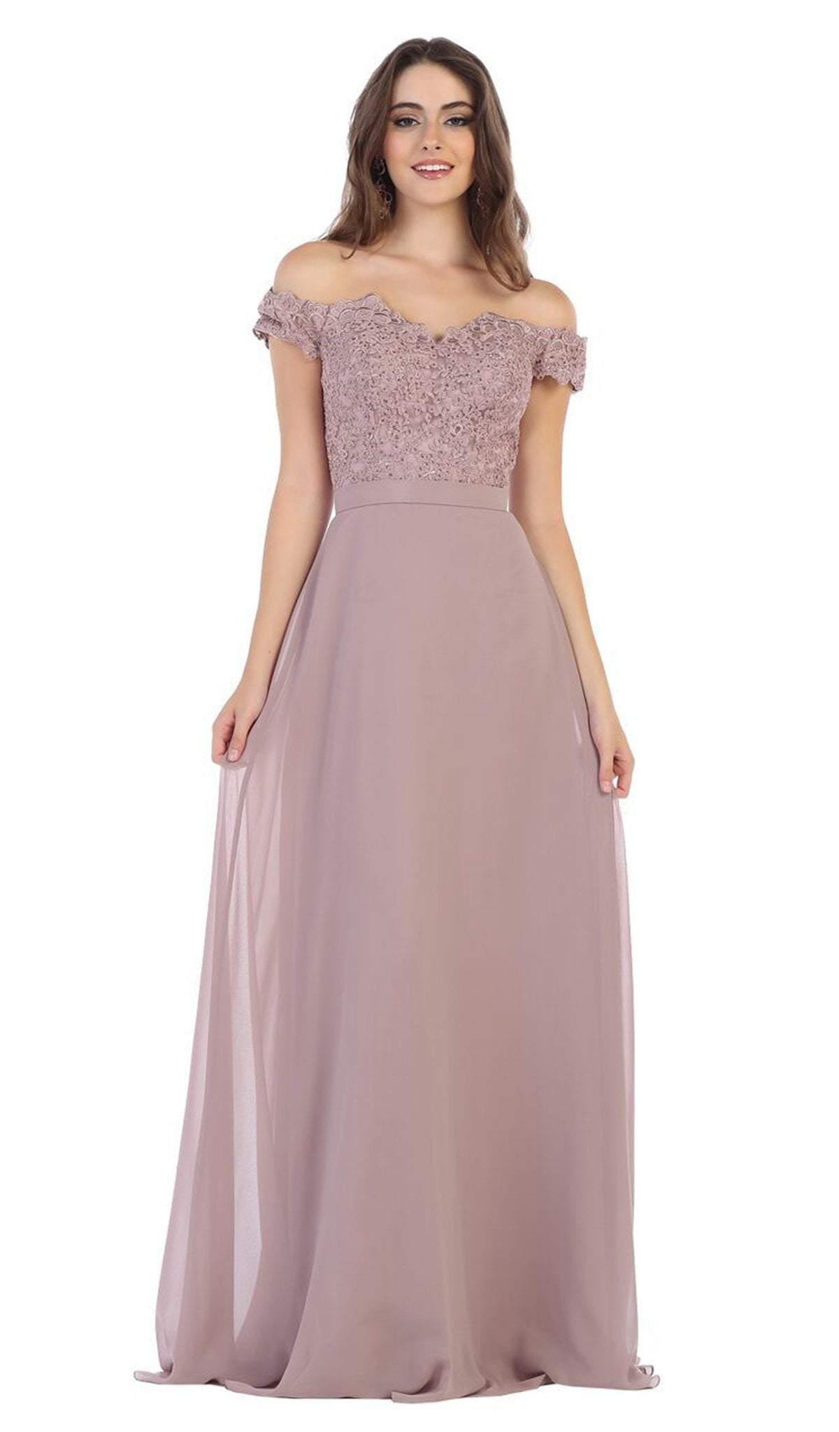 May Queen - MQ1601 Lace Appliqued Chiffon Off Shoulder Formal Gown