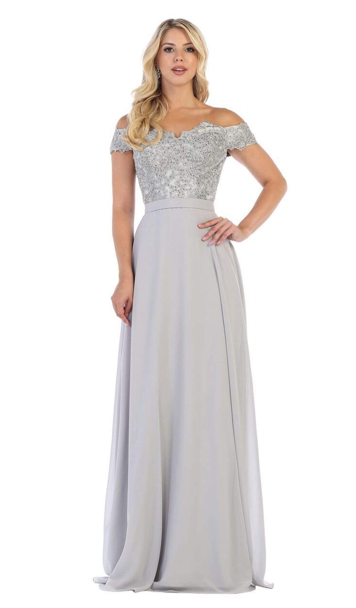 May Queen - MQ1601 Lace Appliqued Chiffon Off Shoulder Formal Gown
