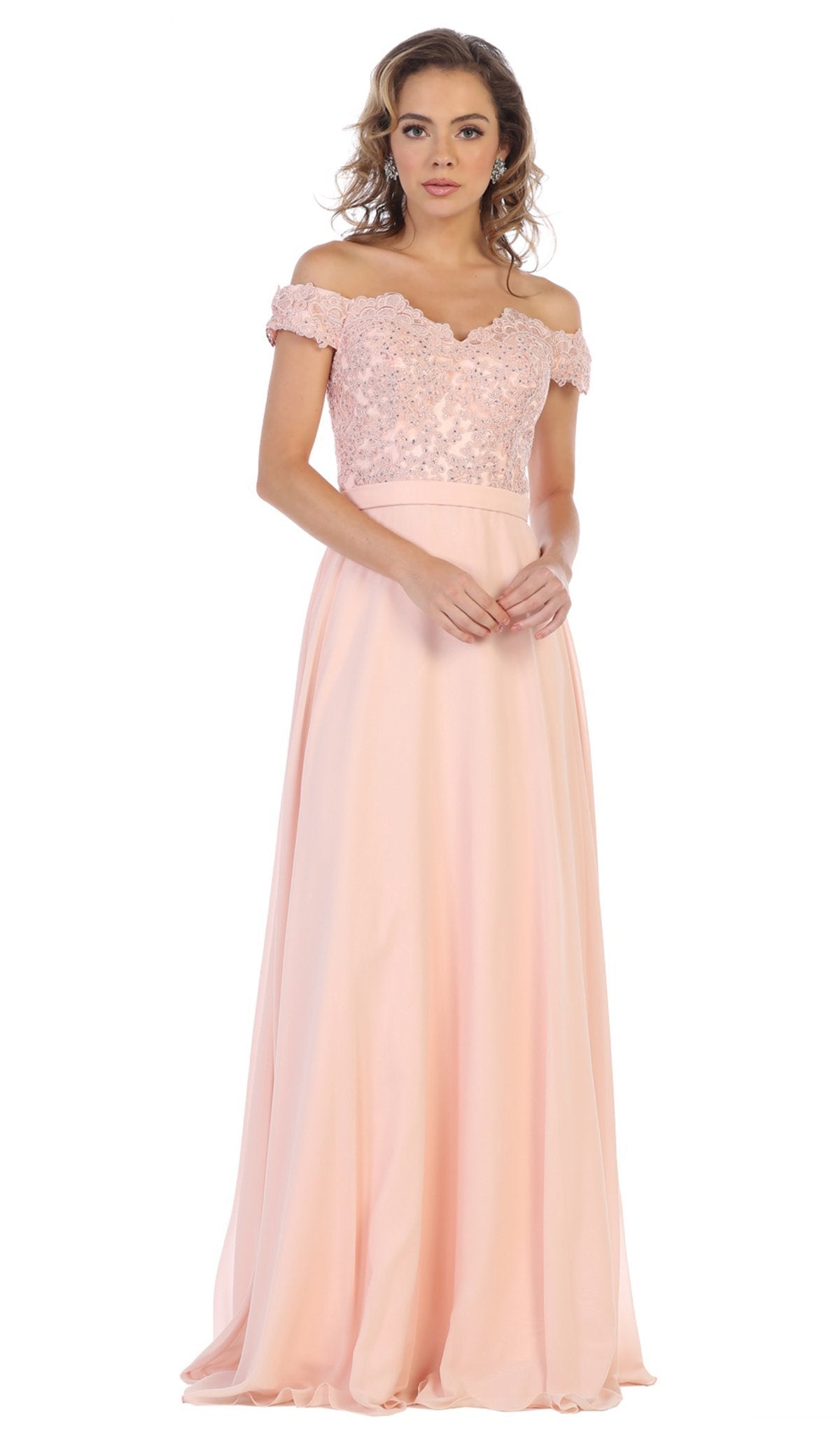 May Queen - MQ1601B Applique Off-Shoulder A-line Gown
