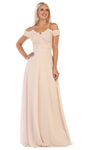 A-line Floor Length Off the Shoulder Wrap Applique Natural Waistline Evening Dress