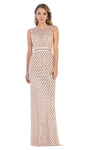 Sophisticated Sheath Natural Waistline Plunging Neck Sweetheart Floor Length Cap Sleeves Sequined Illusion Back Zipper Sheer Jeweled Beaded Sheath Dress With a Ribbon