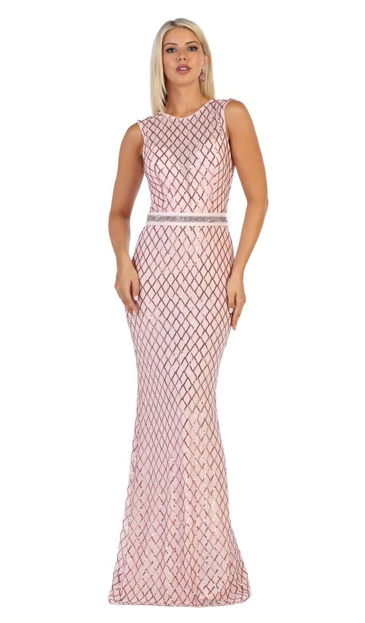 May Queen - MQ1606 Sequined Lattice Sheer Sheath Gown
