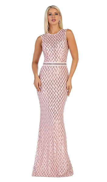 Sophisticated Floor Length Plunging Neck Sweetheart Sheath Natural Waistline Cap Sleeves Back Zipper Beaded Sheer Illusion Sequined Jeweled Sheath Dress With a Ribbon