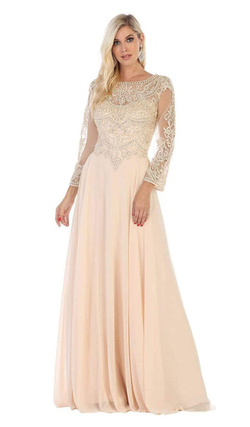 A-line Bateau Neck Flowy Fitted Sheer Semi Sheer Back Zipper Embroidered Floor Length Natural Waistline Long Sleeves Mother-of-the-Bride Dress/Party Dress with a Brush/Sweep Train