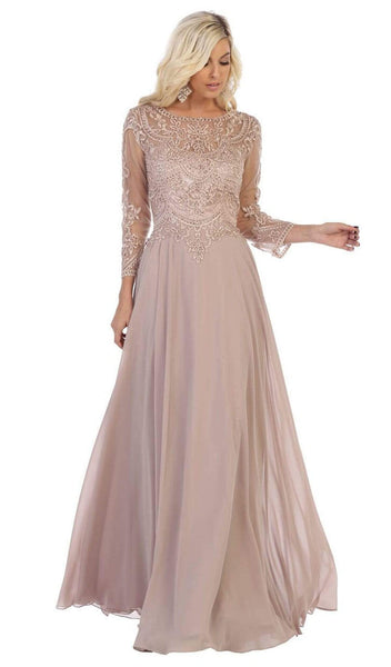 A-line Natural Waistline Back Zipper Flowy Sheer Semi Sheer Fitted Embroidered Bateau Neck Long Sleeves Floor Length Mother-of-the-Bride Dress/Party Dress with a Brush/Sweep Train