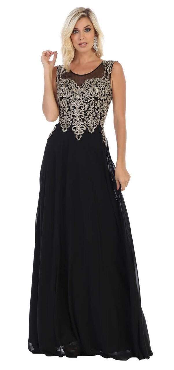 May Queen - MQ1616 Sleeveless Lace Applique Chiffon Long Dress