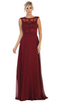 A-line Bateau Neck Sheer Applique Fitted Sleeveless Floor Length Natural Waistline Lace Evening Dress/Party Dress