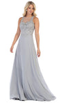 A-line Jeweled Back Zipper Illusion Fitted Sheer Sheer Back Sleeveless Natural Waistline Jeweled Neck Floor Length Dress