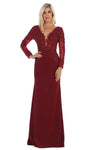 V-neck Plunging Neck Fitted Applique V Back Sheer Back Zipper Beaded Long Sleeves Natural Waistline Sheath Lace Floor Length Sheath Dress/Evening Dress/Party Dress