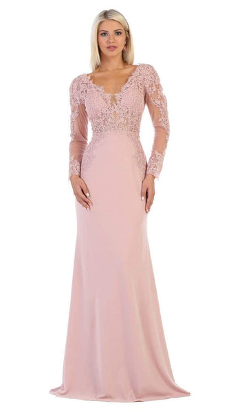 V-neck Long Sleeves Natural Waistline Plunging Neck Floor Length Applique Sheer Beaded Fitted V Back Back Zipper Sheath Lace Sheath Dress/Evening Dress/Party Dress