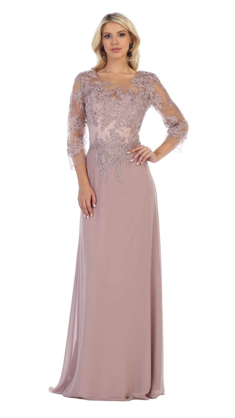 May Queen - MQ1637 Illusion Quarter Sleeve Appliqued Sheath Gown