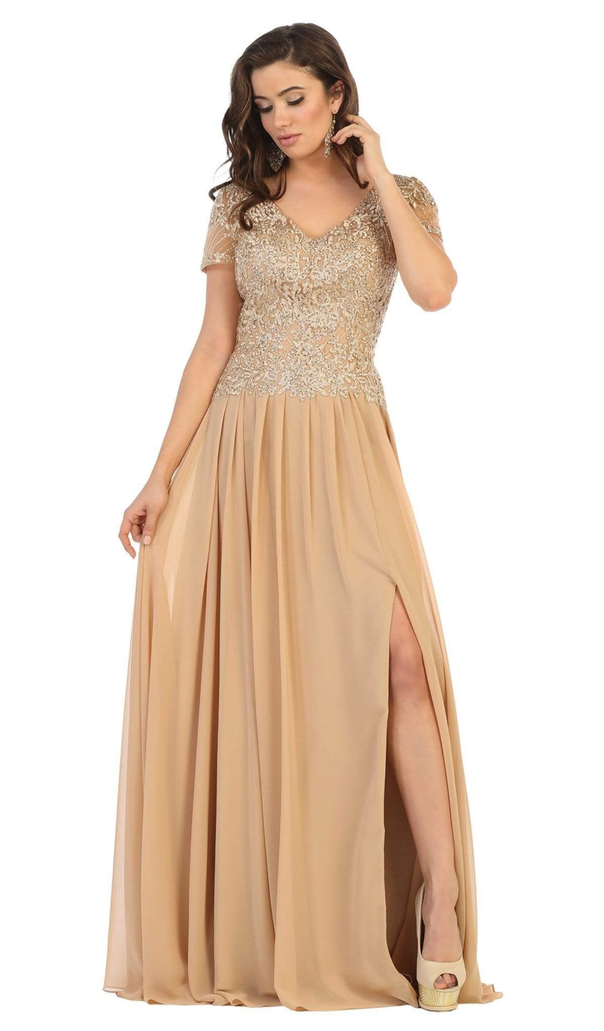 May Queen - MQ1638 Embellished V-neck A-line Dress
