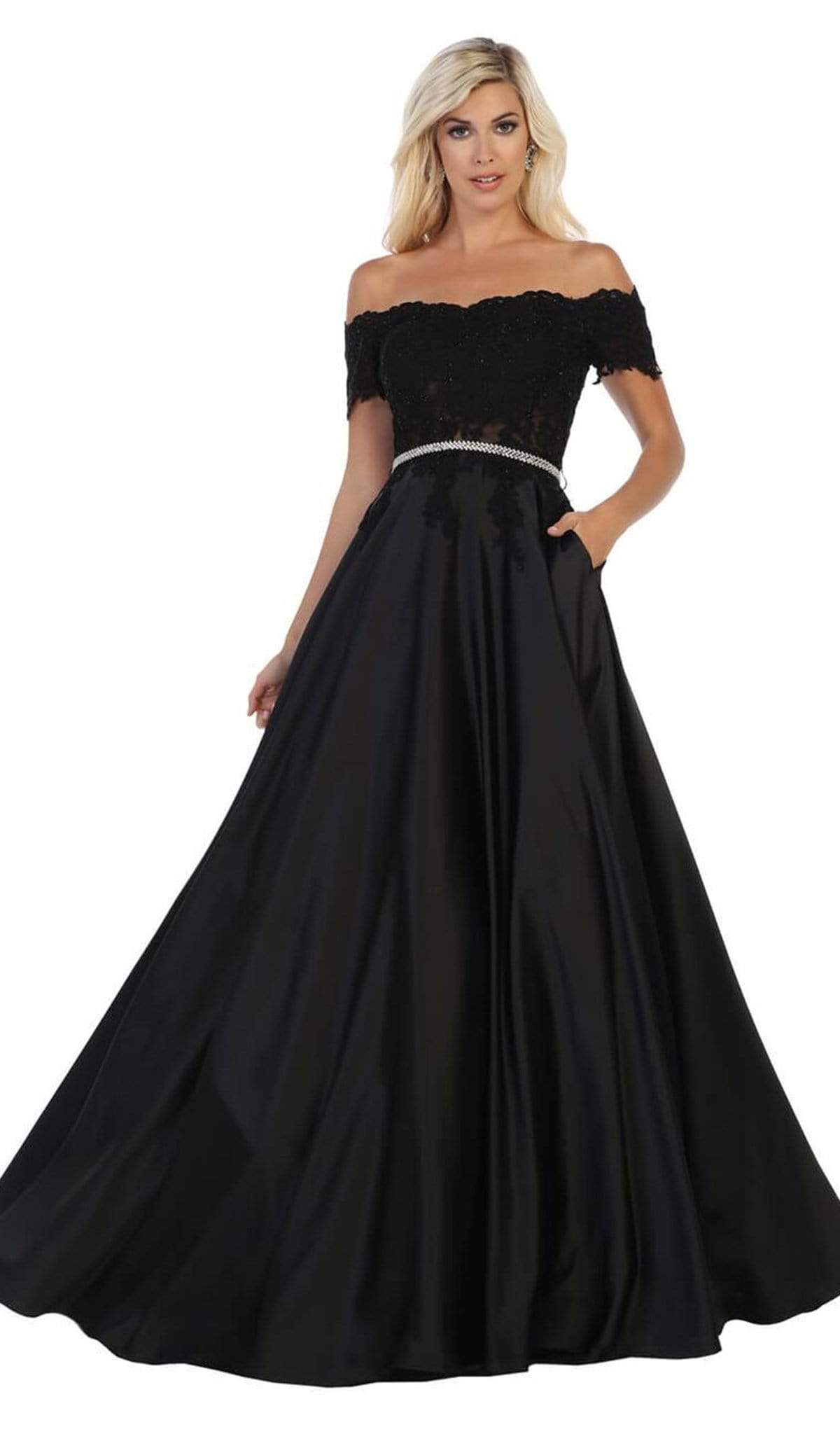 May Queen - MQ1639 Lace Off-Shoulder A-Line Dress