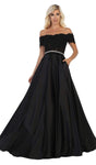 A-line Floor Length Lace Pleated Back Zipper Beaded Belted Fitted Open-Back Natural Waistline Short Sleeves Sleeves Off the Shoulder Evening Dress