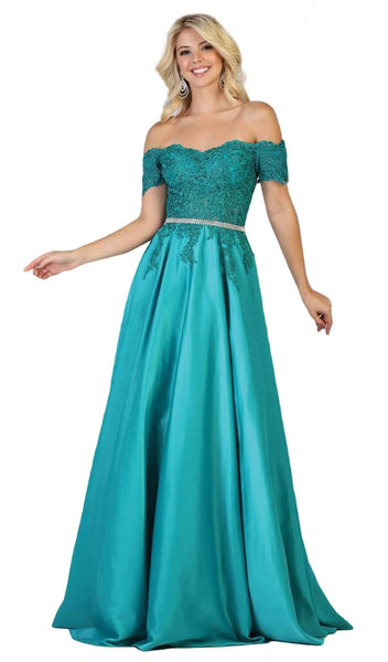 A-line Fitted Open-Back Beaded Belted Pleated Back Zipper Lace Short Sleeves Sleeves Off the Shoulder Floor Length Natural Waistline Evening Dress