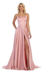 A-line Satin Empire Waistline Slit Back Zipper Pocketed Gathered Lace-Up Floor Length Halter Straight Neck Sleeveless Spaghetti Strap Prom Dress