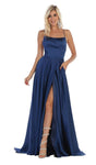 A-line Satin Floor Length Empire Waistline Halter Straight Neck Sleeveless Spaghetti Strap Gathered Slit Back Zipper Lace-Up Pocketed Prom Dress