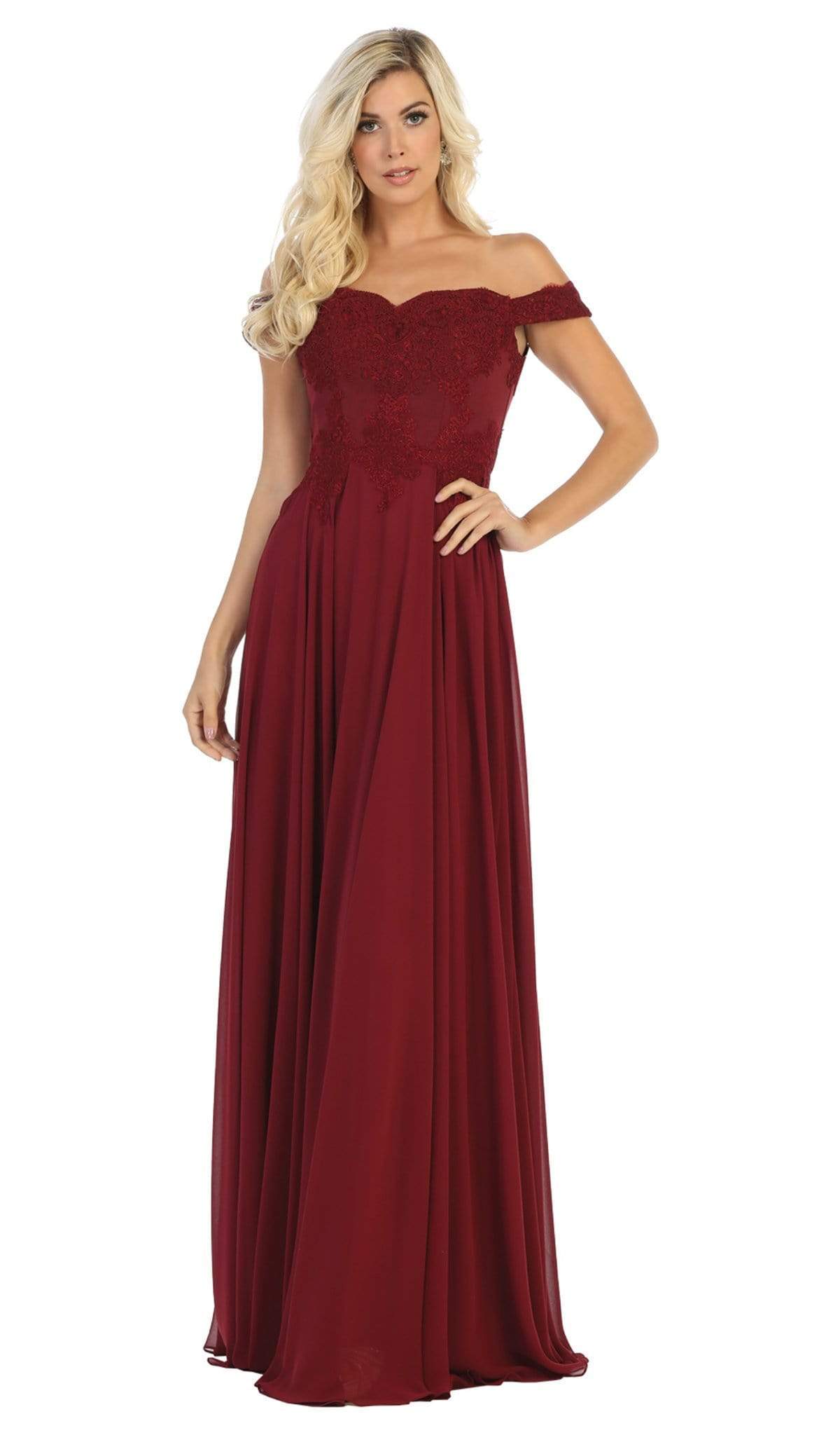 May Queen - MQ1644B Embroidered Off-Shoulder A-Line Dress